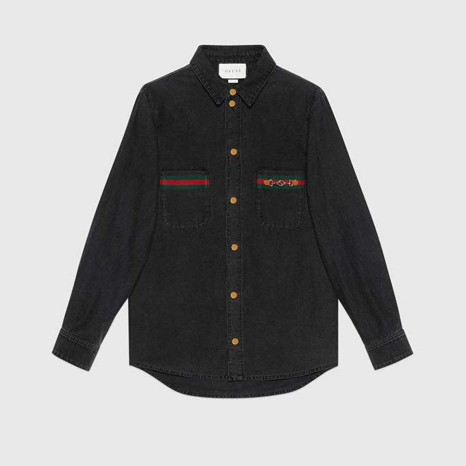 gucci web and horsebit detail black denim long‑sleeve shirt